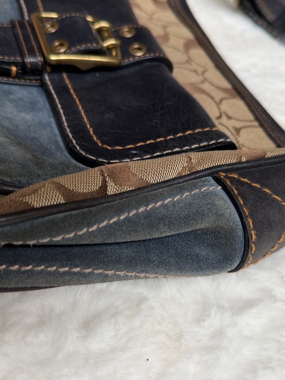 Coach Brown Logo Canvas Shoulder Bag with Dark Blue Leather Trim - Picture 7 of 10